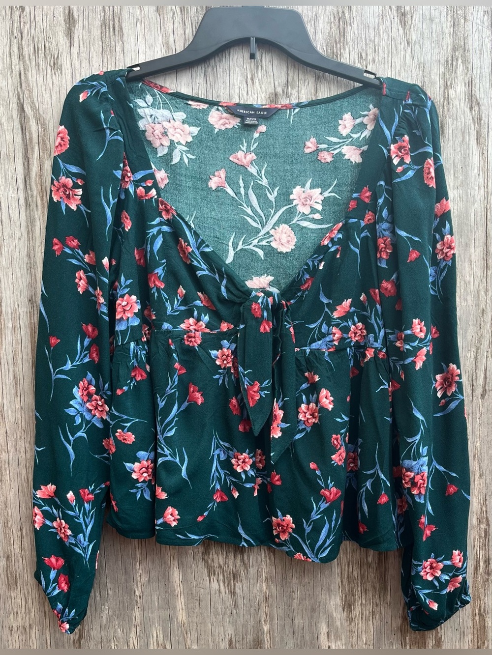 American Eagle Women M Green Floral Boho Tie Front Babydoll Top Viscose Festival